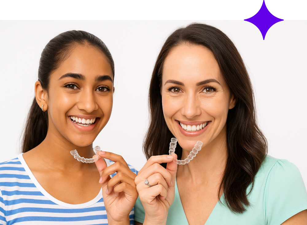 Teenager and adult woman smiling with clear aligners